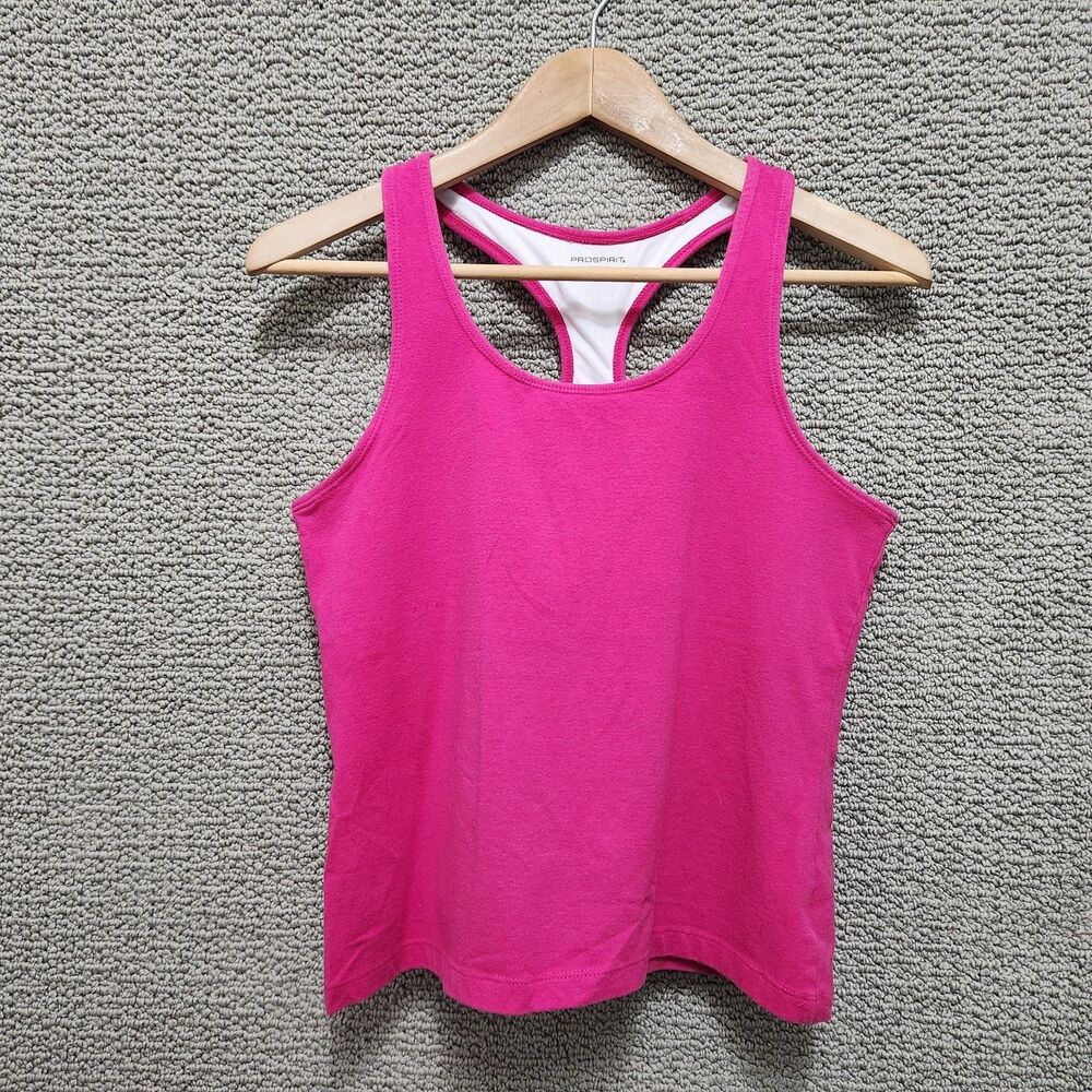 PROSPIRIT Women's Pink Racerback Athletic Tank Top Built-In Shelf Bra Size L
